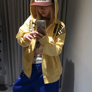Cubic Lettering Orange Hood Zip-Up