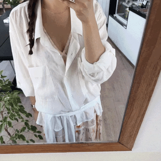 Choux Cream Summer Sleeveless Seethrough Shirt Set