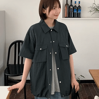 Feminine Pocket Nylon Oversleeve Short Sleeve Shirt