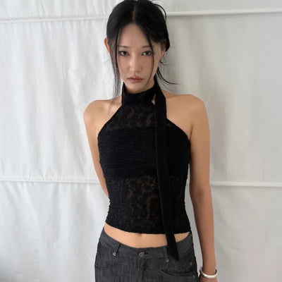 FLOWER LACE TIE HALTER TOP
