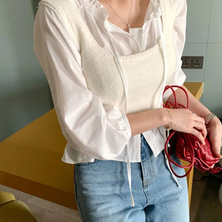Shirred ribbon lace blouse