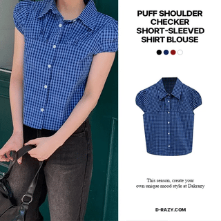 Puff Shoulder Gingham Check Short Sleeve Shirt Blouse