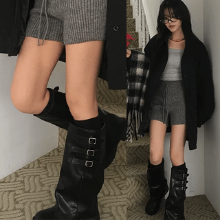 Buckle strap folding mid-calf boots