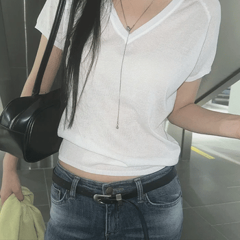 Deep V-neck Linen Short Sleeve Knit