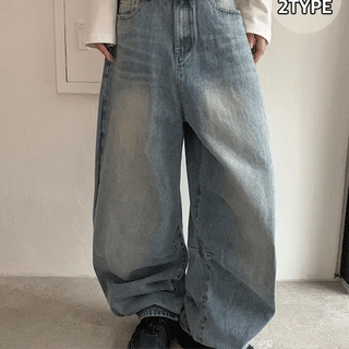Delmaf Washed Denim Balloon Wide Pants