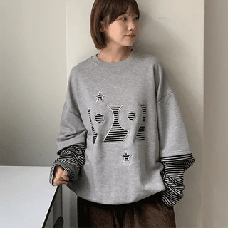 Panpio Embroidered Striped Layered Sweatshirt