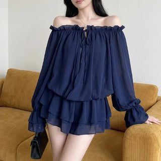 Blanc Shirred Off-Shoulder Blouse / Mini Chiffon Dress Delicate Fit Loose Fit Spring Clothes