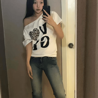 Leopard Heart Off-Shoulder T-Shirt