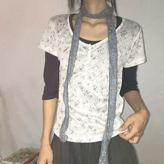 Warms Flower Layered See-through Henley Neck Short Sleeve Tee