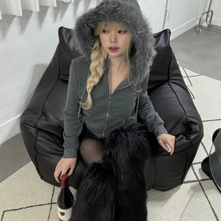 fur two-way hooded zip-up
