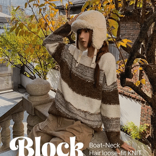 Block Boat Neck Hair Loose Fit Knit