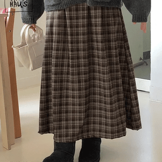 Polunk Peach Brushed Check Elastic Waist Long Skirt