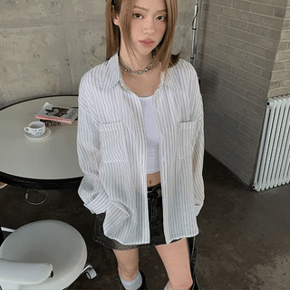 Back string see-through pocket oversized shirt
