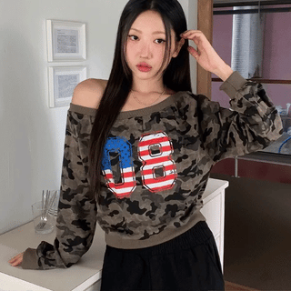 American Camo Off-Shoulder Sweatshirt
