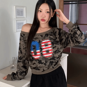 American Camo Off-Shoulder Sweatshirt