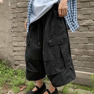 Woven Button Pintuck Bermuda Wide Elastic Pants