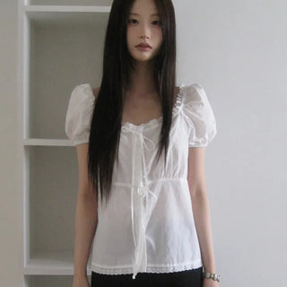 Two-ribbon puff blouse
