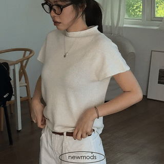 Rones 100% Wool Whole Garment Mock Neck Short Sleeve Knit