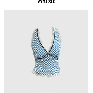 check halter lace sleeveless