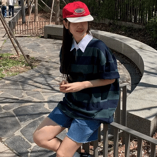 Rael Oversized Color Block Striped Collar T-shirt