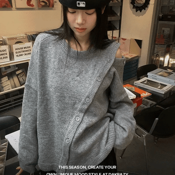 Asymmetrical Button Oversized Wool Knit