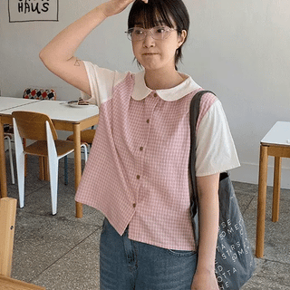 Frua Check Color Block Short Sleeve Blouse