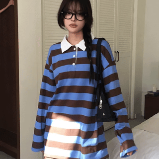 Striped Color Block Collar Oversized T-shirt