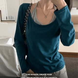 Yuz Color Block Layered Halter Long Sleeve T-shirt