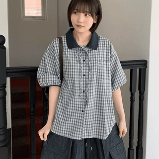 Fur check collar short-sleeve shirt
