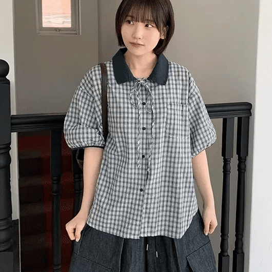 Fur check collar short-sleeve shirt