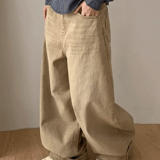 Wide Washed Denim Pants with Crinkle Back Point
