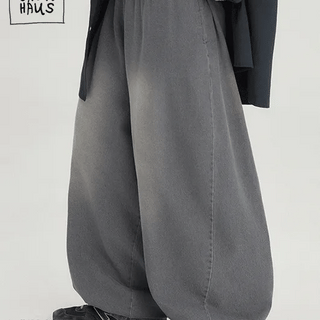 Haebeon Denim Elastic Waist Balloon Wide Pants - Gray Blue Ver.