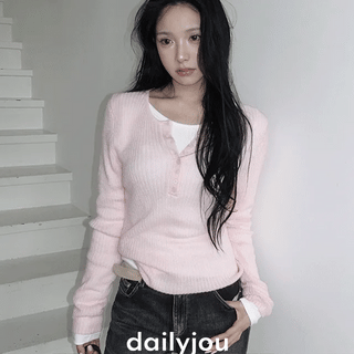 Helena Wool Henley Neck Ribbed Long Sleeve Knit