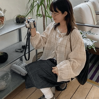 Lille Summer Check Ribbon Shirring Blouse