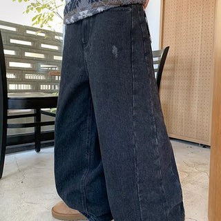 No-Dew Cut Damaged Black Wide Denim Pants
