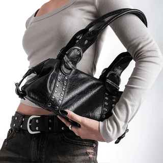 Chic Silver Studded Belted Leather Shoulder Bag / Hobo Bag Leather Bag Vintage Bag Belt Bag