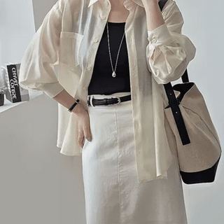 Choux Cream Summer Sleeveless Seethrough Shirt Set