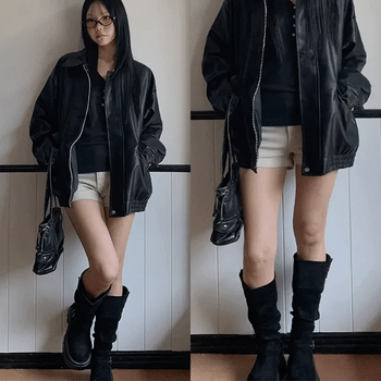 Vintage Washed Collared Leather Zip-Up Jacket
