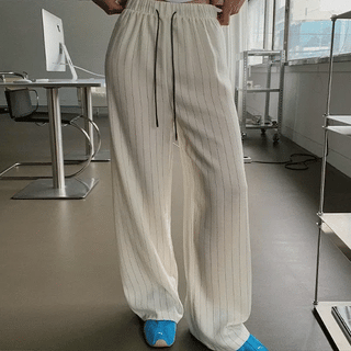 Linen Striped Elastic Waist Wide Pants