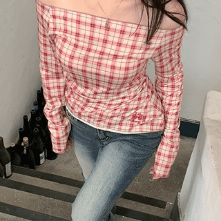 Check Shirred Asymmetrical Top