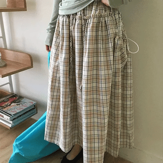 Lurun Check Shirred Cargo Elastic Midi Skirt