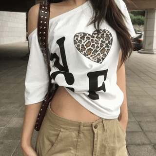 Leopard Heart Off-Shoulder T-Shirt