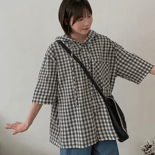 Canville Check Oversized Hooded Short Sleeve Shirt