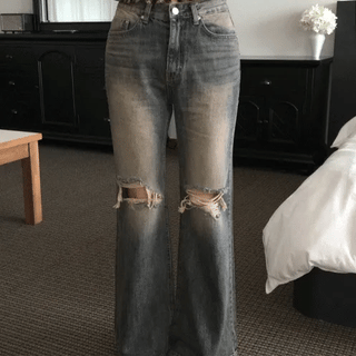 London Vintage Washed Ripped Bootcut Denim Pants