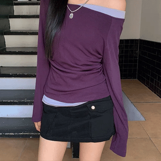 Oz Asymmetrical Color Block Shirred Long Sleeve T-shirt