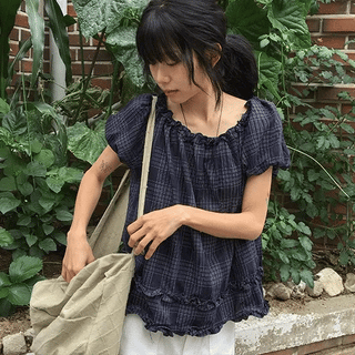 American check off-shoulder frill short-sleeve blouse