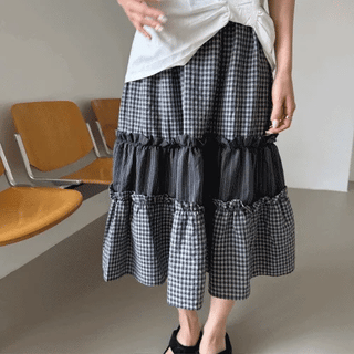 Miche Elastic Tiered Frill Check Stripe Layered Midi Skirt