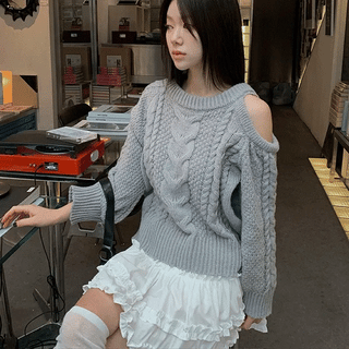 Cable Knit Half Off-Shoulder Knit