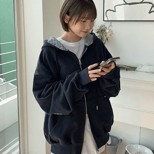 Chichi Check Patch Two-Way Hooded Zip-Up Jumper
