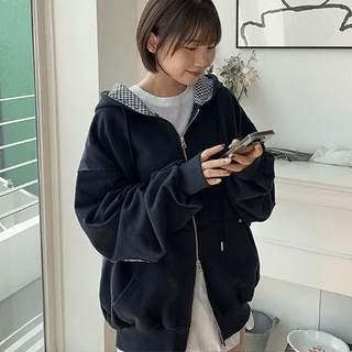 Chichi Check Patch Two-Way Hooded Zip-Up Jumper